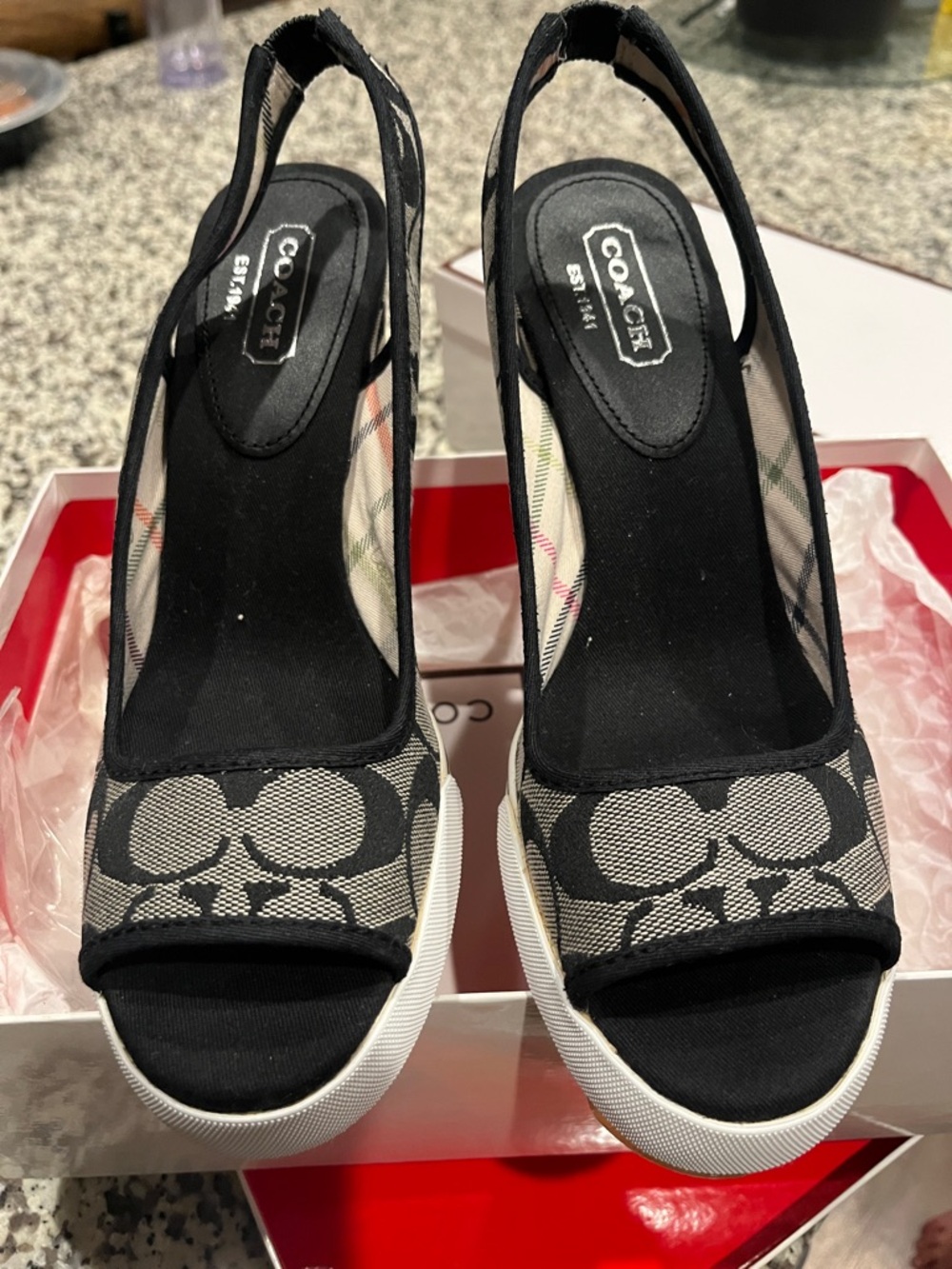 Coach Black Signature Canvas Platform Slingback Wedges